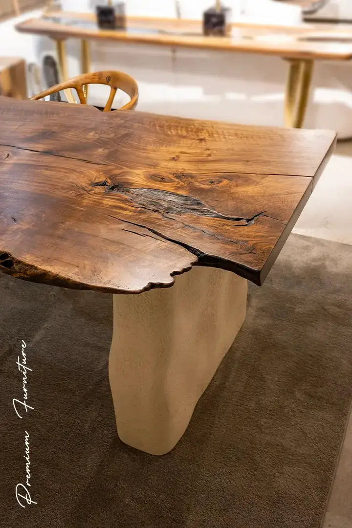 Wabi Sabi Style Luxury Solid Wood Walnut Table with Stone Inspired Legs by Gizz