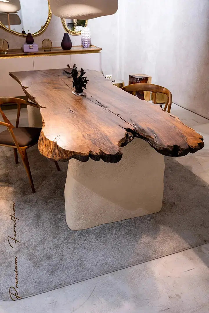 Wabi Sabi Style Luxury Solid Wood Walnut Table with Stone Inspired Legs by Gizz