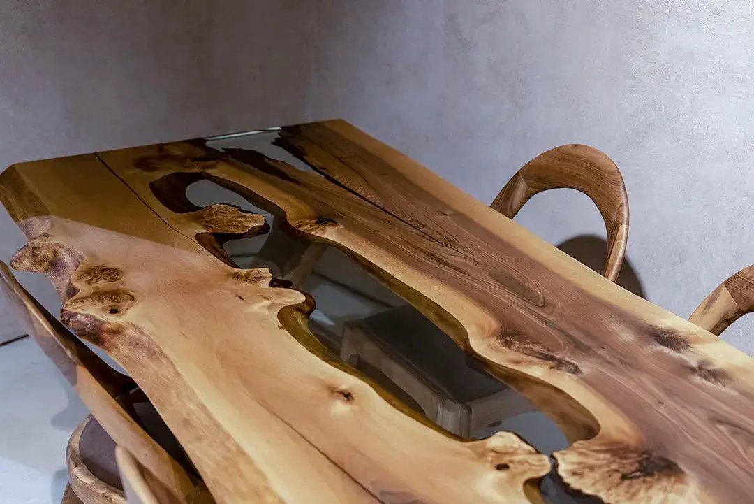 Live Edge Rustic, Epoxy Resin River Dining Room Table Made of Walnut by Gizz