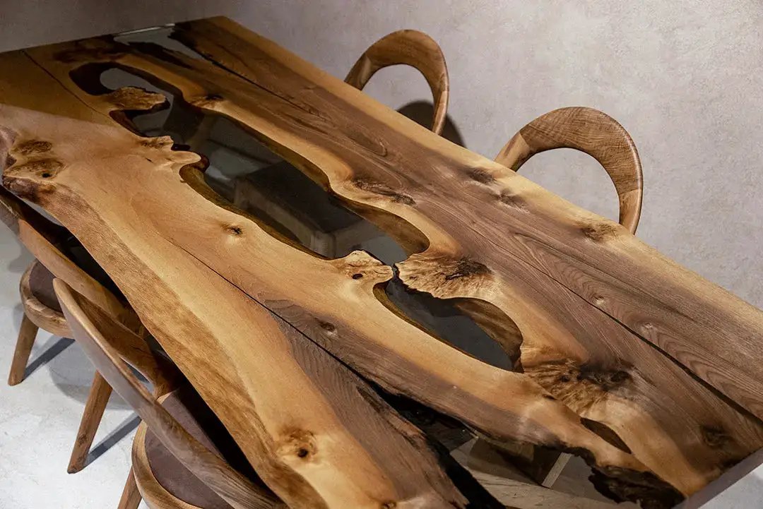 Live Edge Rustic, Epoxy Resin River Dining Room Table Made of Walnut by Gizz