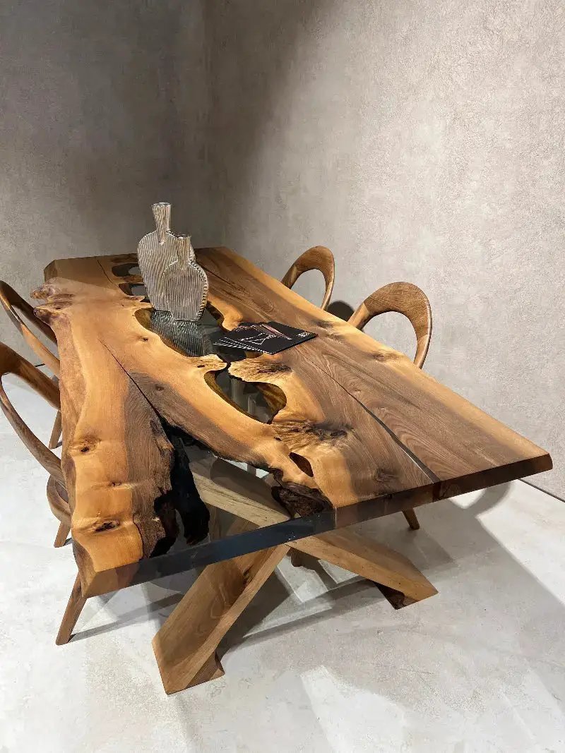 Live Edge Rustic, Epoxy Resin River Dining Room Table Made of Walnut by Gizz