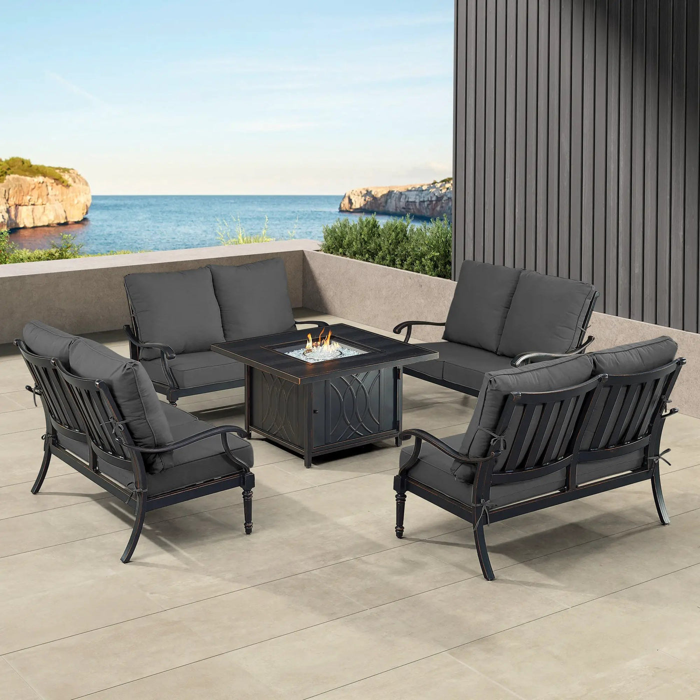 Black Aluminum Fire Table Set with Four Deep Seating Loveseats by Sharicks