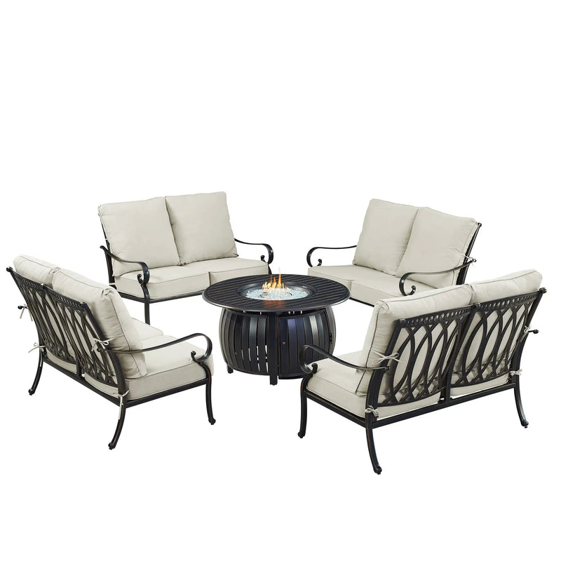 Black Aluminum Fire Table Set with Four Deep Seating Loveseats by Sharicks