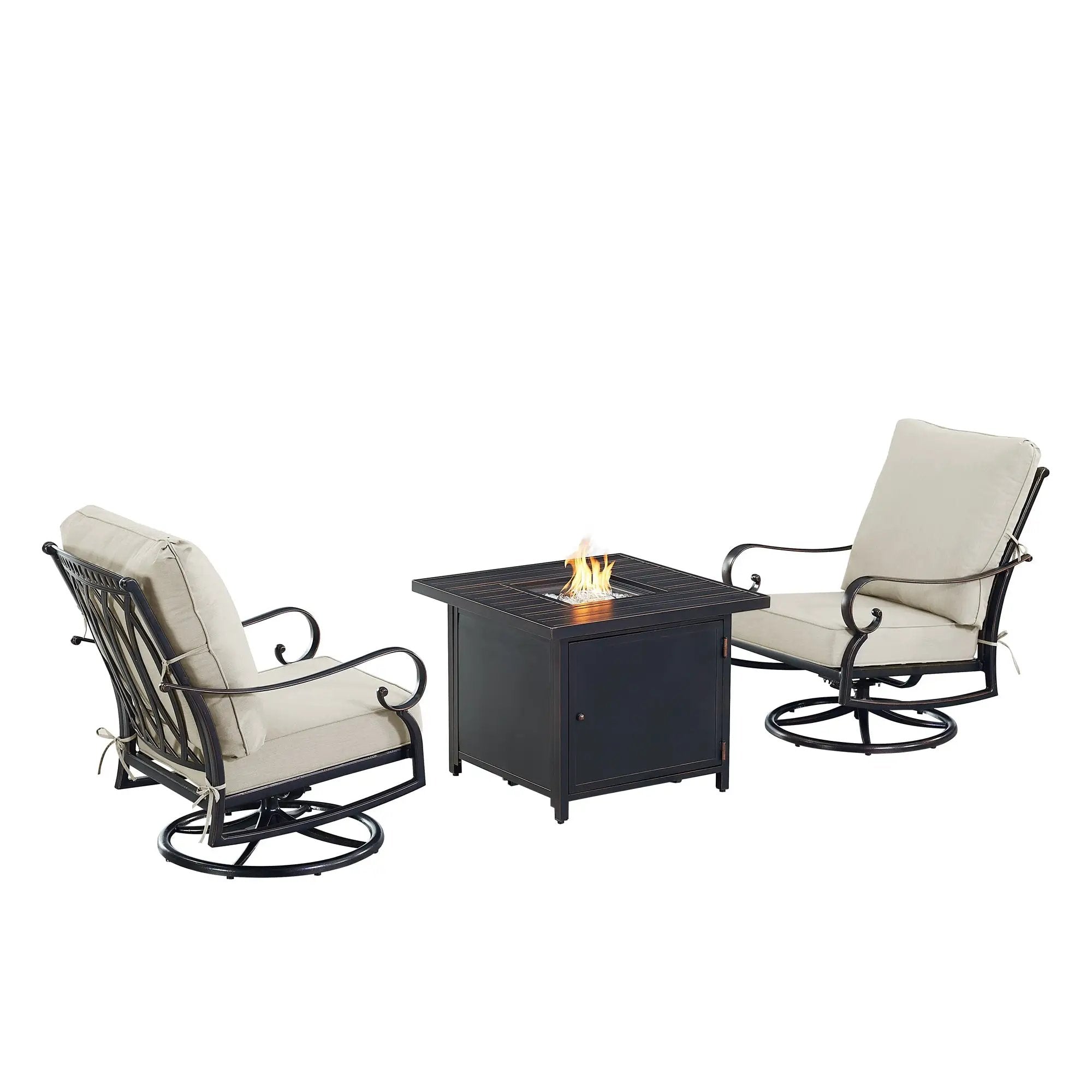 Black Aluminum Fire Table Bistro Set with Two Club Chairs by Sharicks