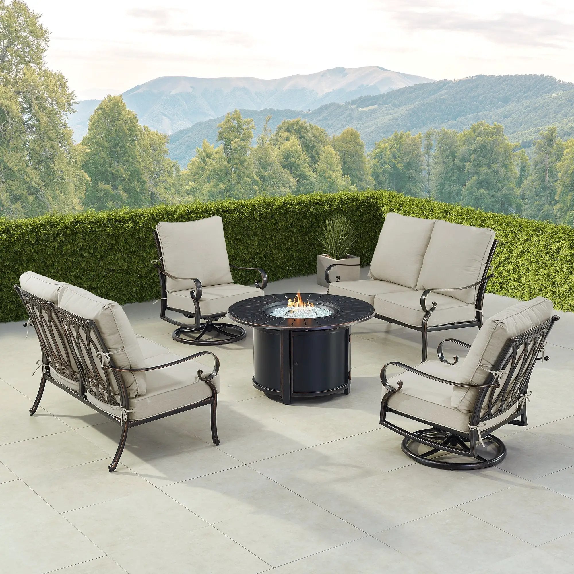 Black Aluminum Fire Table Set with Two Loveseats and Two Club Chairs by Sharicks