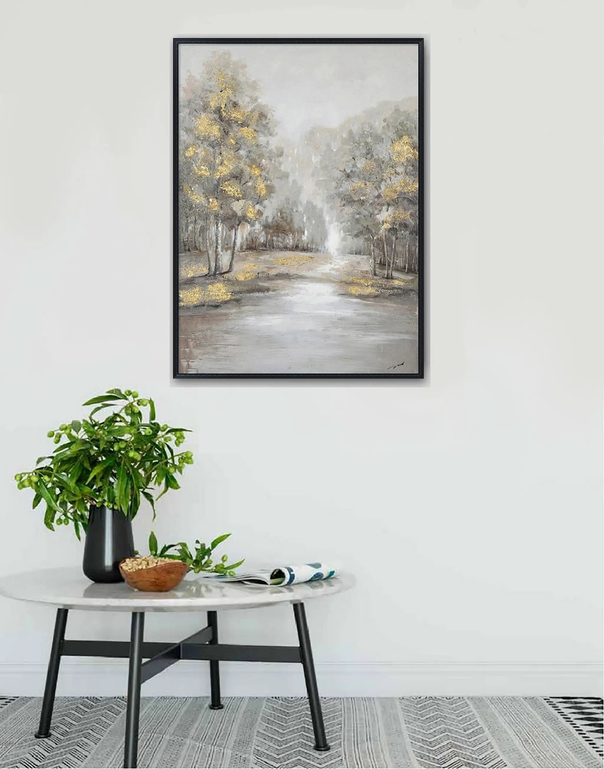 Hand Painted Acrylic Wall Art Landscape Golden Trees on a 35 x 47 Rectangular Canvas with a Black Wooden Frame by Sharicks