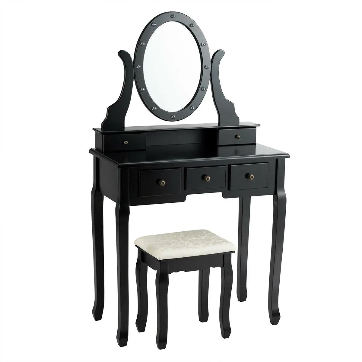5 Drawers Vanity Table Stool Set with 12-LED Bulbs by DirectDeals