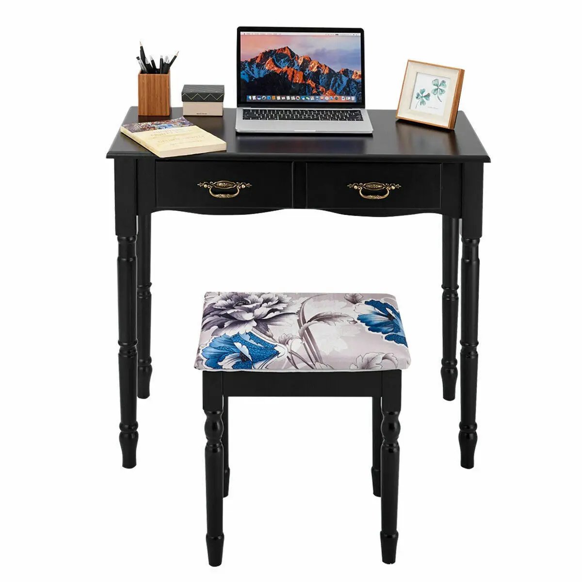 Simple Vanity Set with Tri-Folding Mirror Drawers and Storage Shelf by DirectDeals