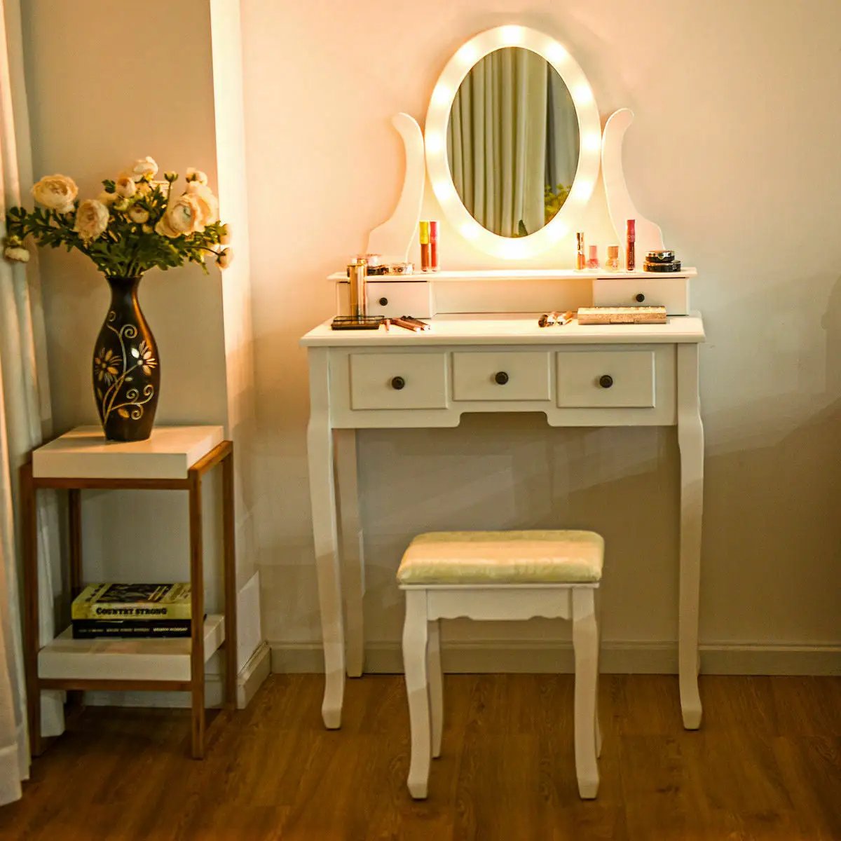5 Drawers Vanity Table Stool Set with 12-LED Bulbs by DirectDeals