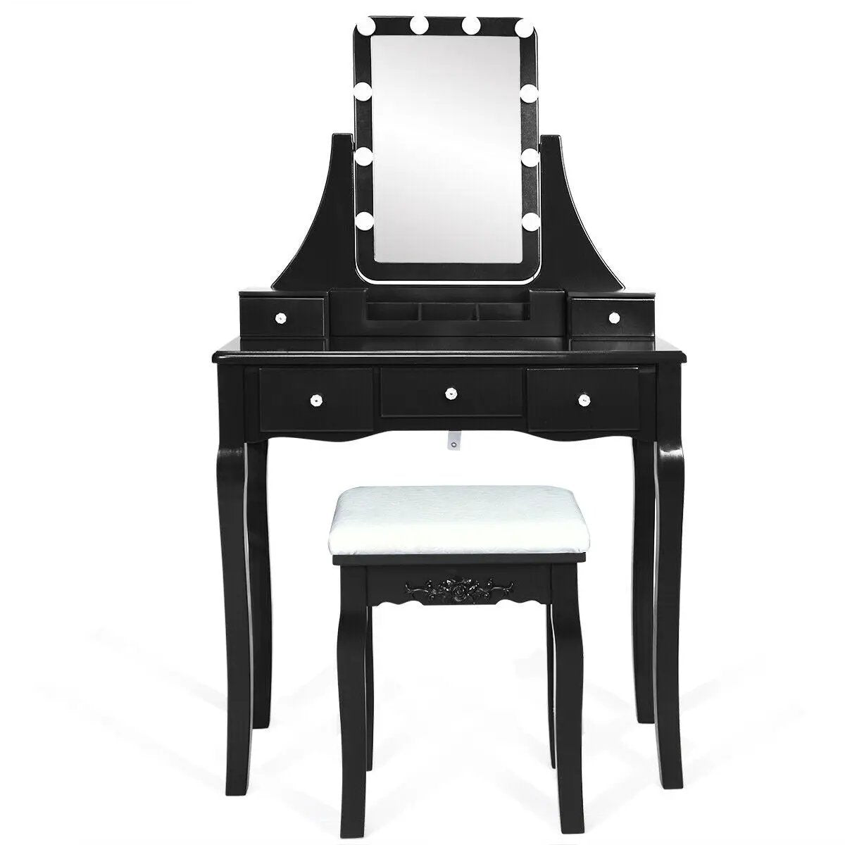 10 Dimmable Light Bulbs Vanity Dressing Table with 2 Dividers and Cushioned Stool by DirectDeals