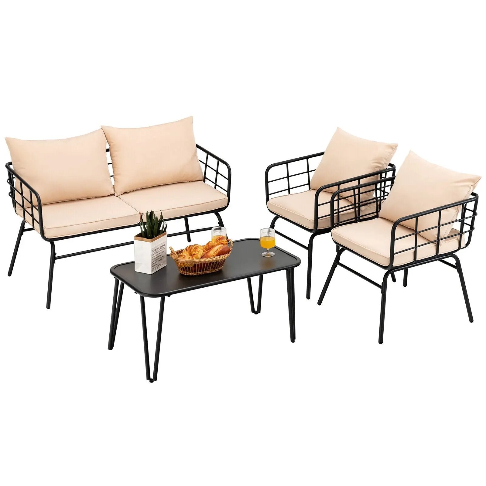 4 Pieces Patio Furniture Set with Seat Back Cushions for Garden-Beige by DirectDeals