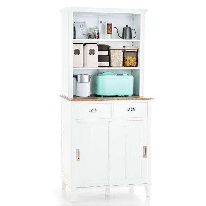 Freestanding Kitchen Pantry with Hutch Sliding Door and Drawer-White by DirectDeals
