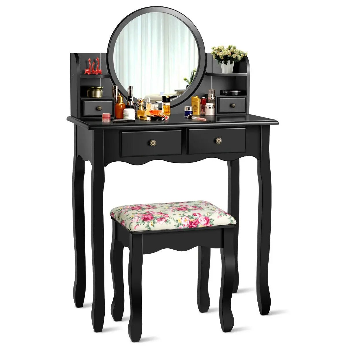 Makeup Vanity Table Set Girls Dressing Table with Drawers Oval Mirror by DirectDeals