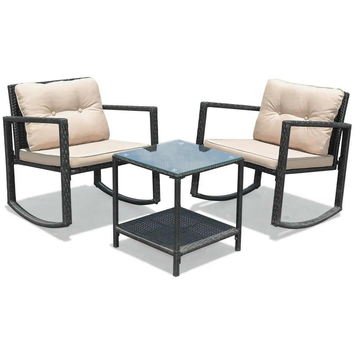 3 Pieces Cushioned Patio Rattan Set with Rocking Chair and Table-Black by DirectDeals
