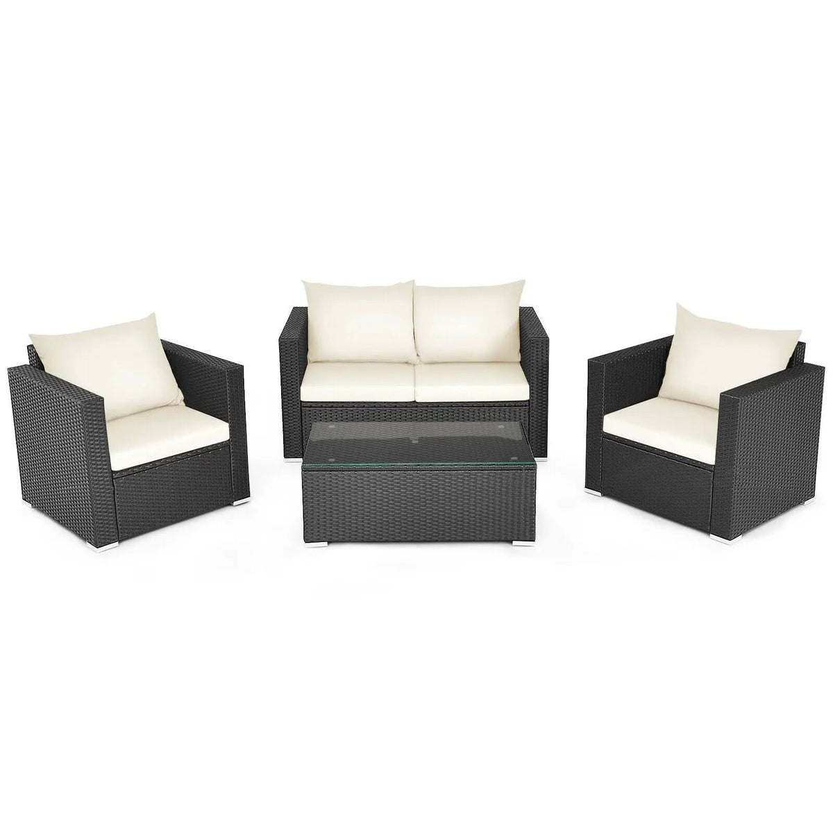 4 Pieces Patio Rattan Conversation Set with Cushions and Coffee Table-Black by DirectDeals