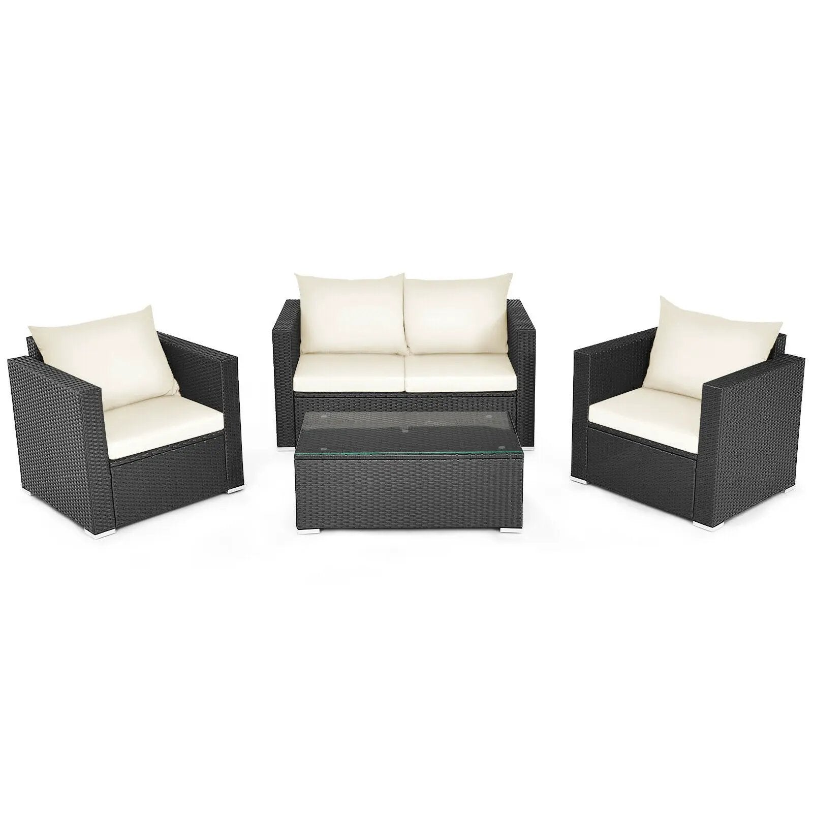 4 Pieces Patio Rattan Conversation Set with Cushions and Coffee Table-Black by DirectDeals