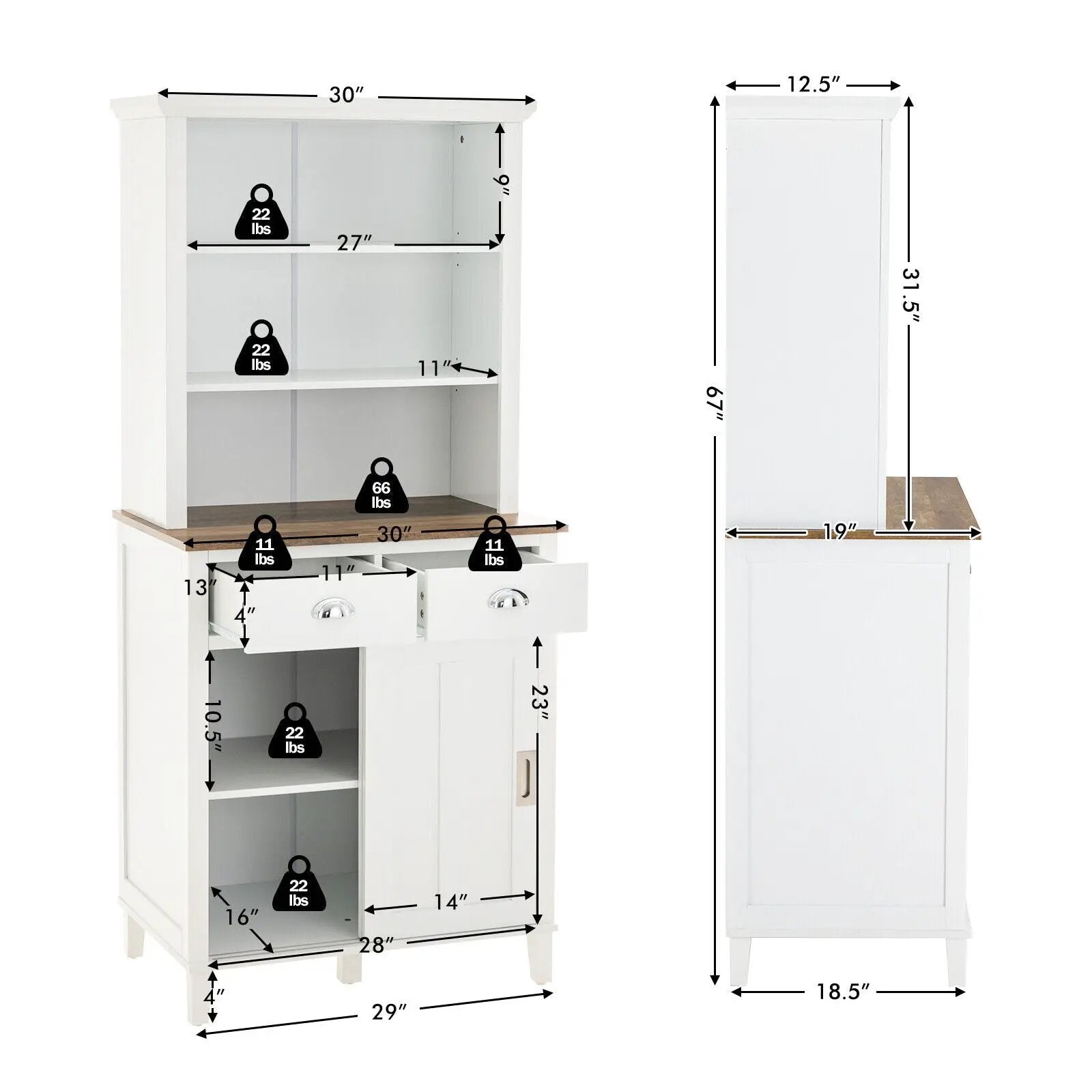 Freestanding Kitchen Pantry with Hutch Sliding Door and Drawer-White by DirectDeals