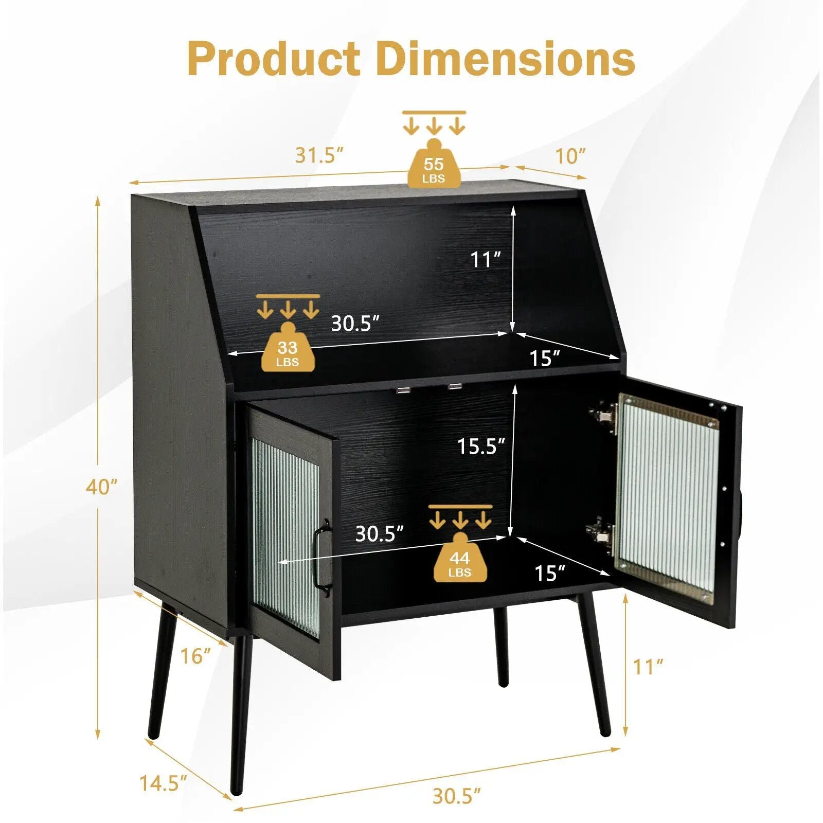 Kitchen Sideboard Buffet with Open Cubby and 2 Glass Doors-Black by DirectDeals