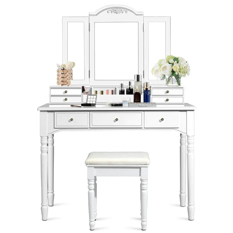 Makeup Dressing Table with Tri-Folding Mirror and Cushioned Stool for Women by DirectDeals