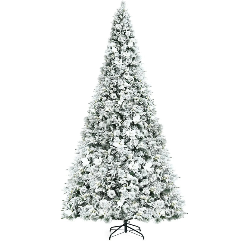 8 Feet Snow Flocked Hinged Christmas Tree with Berries and Poinsettia Flowers by DirectDeals