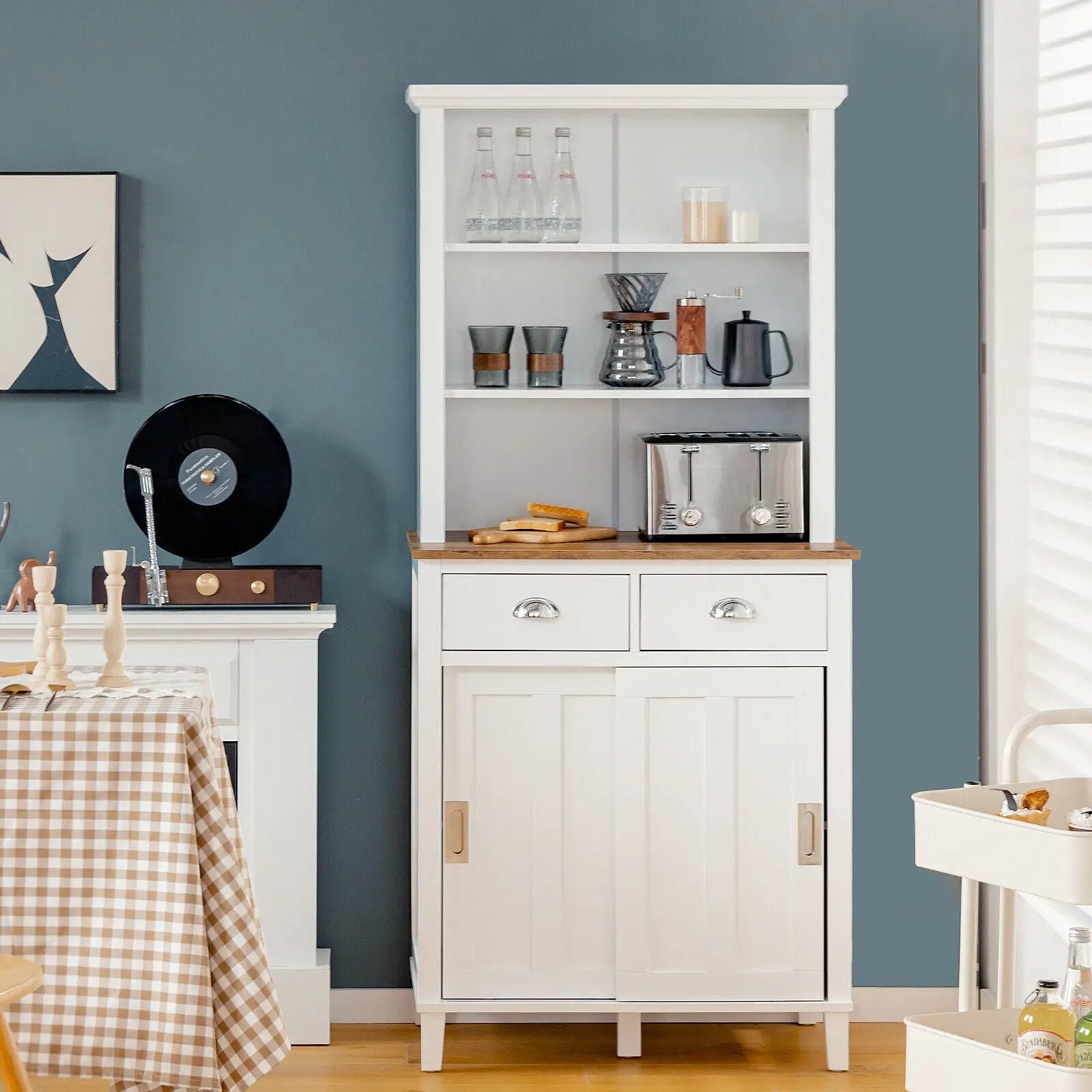 Freestanding Kitchen Pantry with Hutch Sliding Door and Drawer-White by DirectDeals