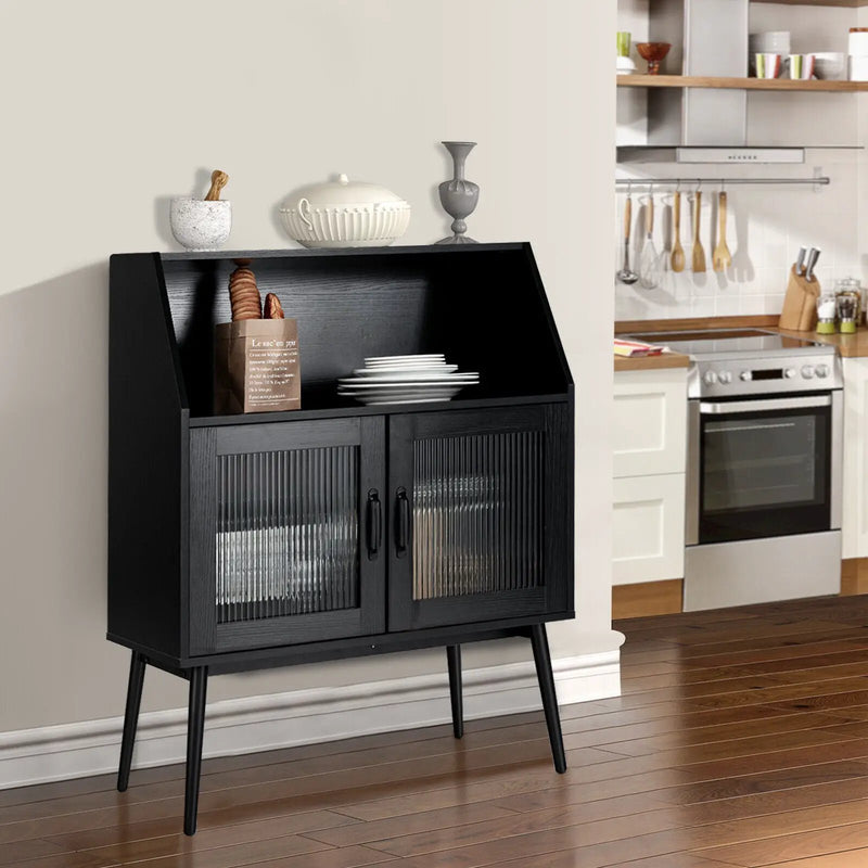 Kitchen Sideboard Buffet with Open Cubby and 2 Glass Doors-Black by DirectDeals