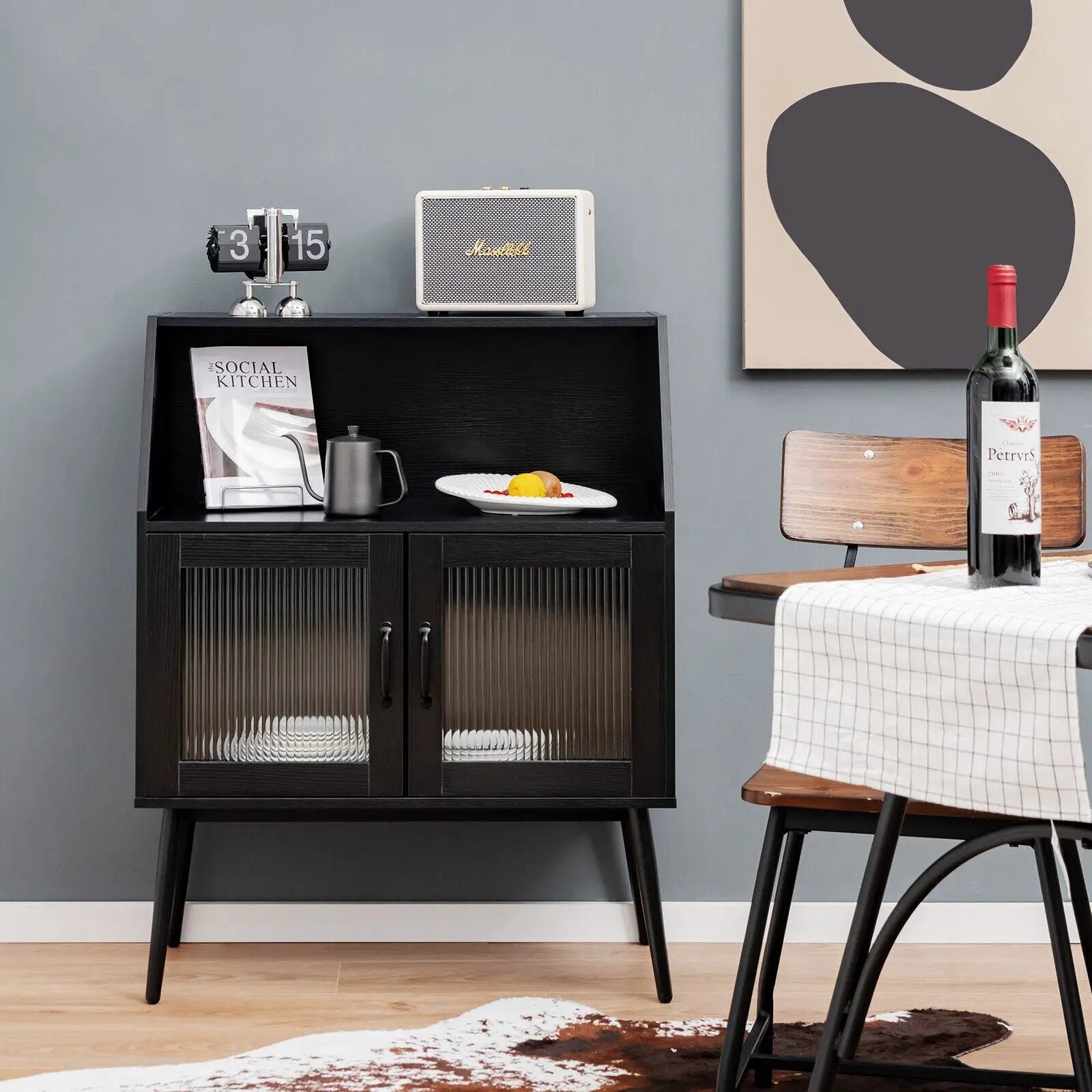 Kitchen Sideboard Buffet with Open Cubby and 2 Glass Doors-Black by DirectDeals