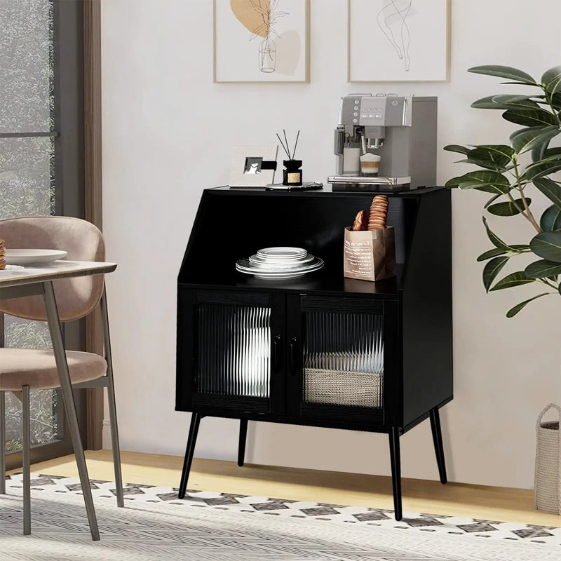 Kitchen Sideboard Buffet with Open Cubby and 2 Glass Doors-Black by DirectDeals