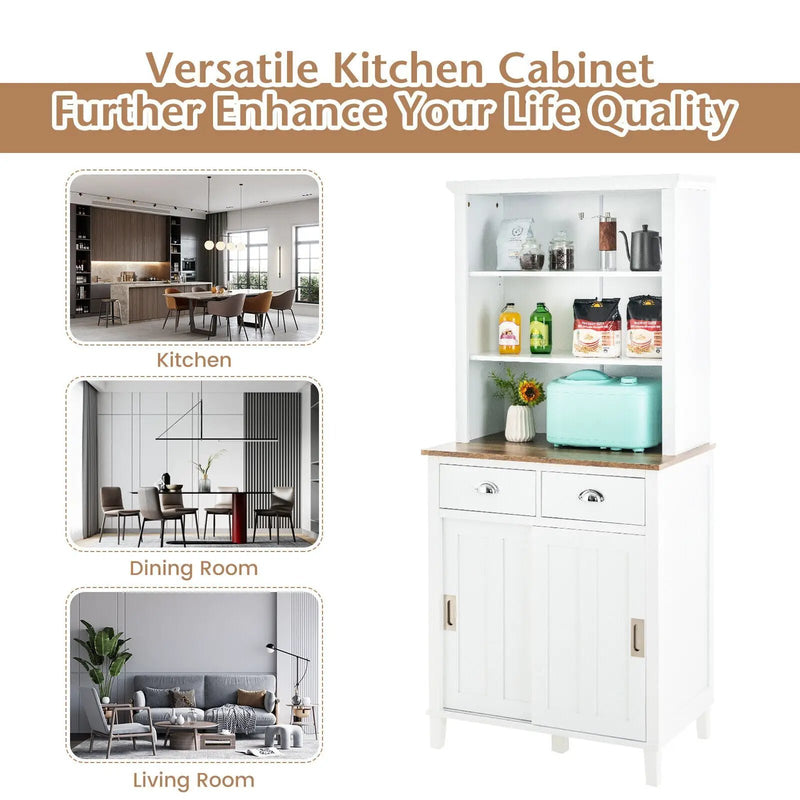 Freestanding Kitchen Pantry with Hutch Sliding Door and Drawer-White by DirectDeals