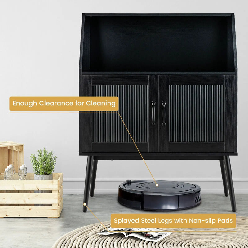 Kitchen Sideboard Buffet with Open Cubby and 2 Glass Doors-Black by DirectDeals