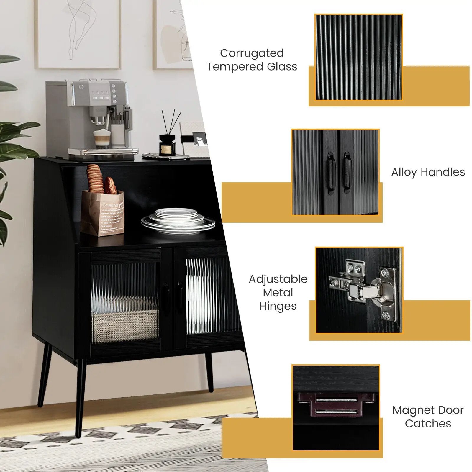 Kitchen Sideboard Buffet with Open Cubby and 2 Glass Doors-Black by DirectDeals
