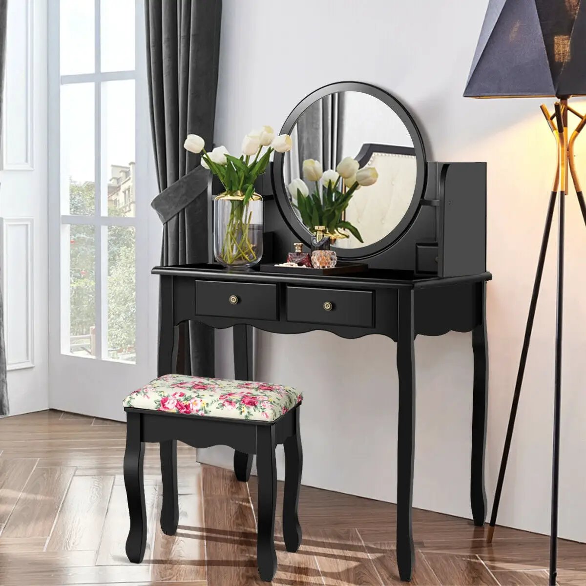 Makeup Vanity Table Set Girls Dressing Table with Drawers Oval Mirror by DirectDeals