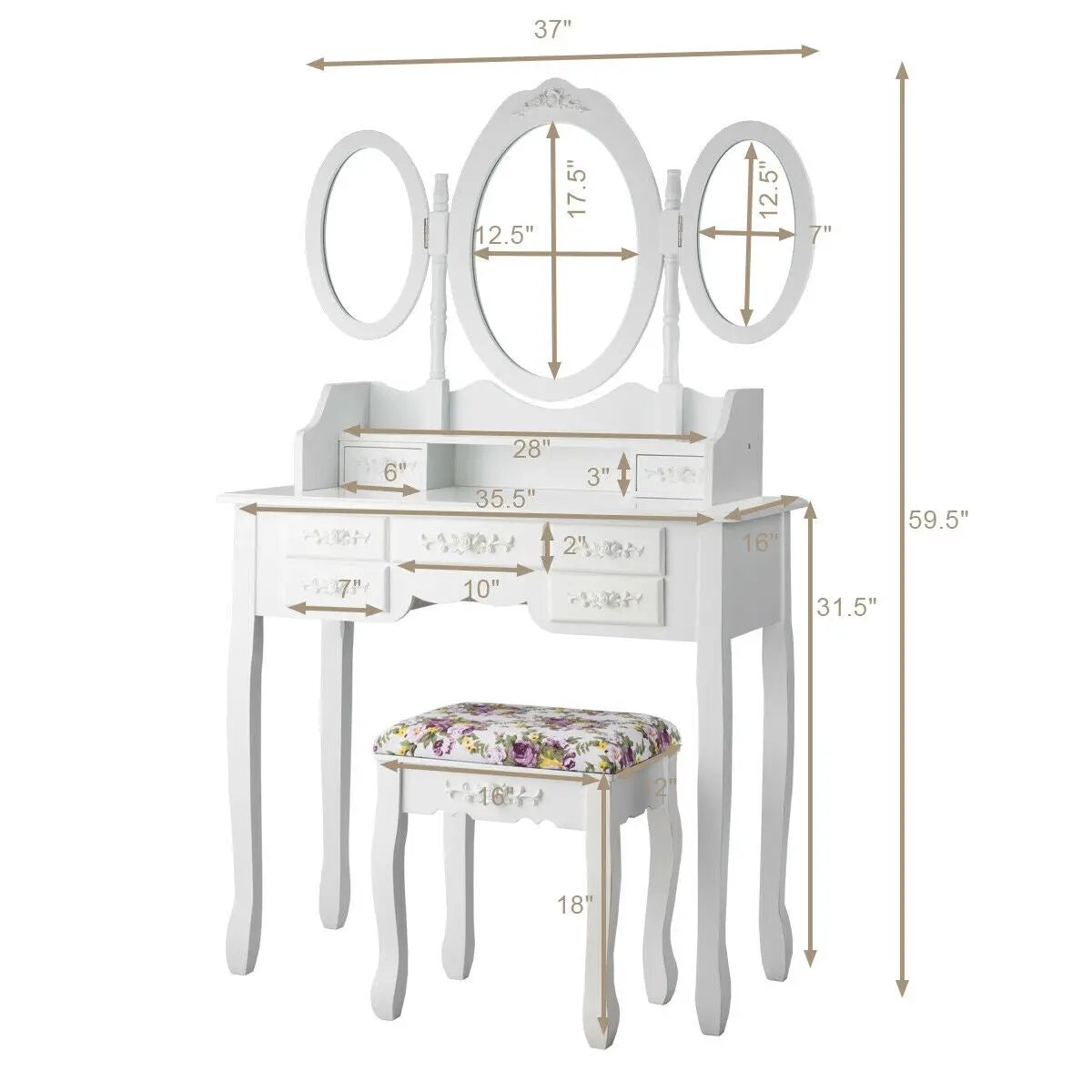 7 Drawer Tri-Folding Mirror Dressing Vanity Makeup Set by DirectDeals