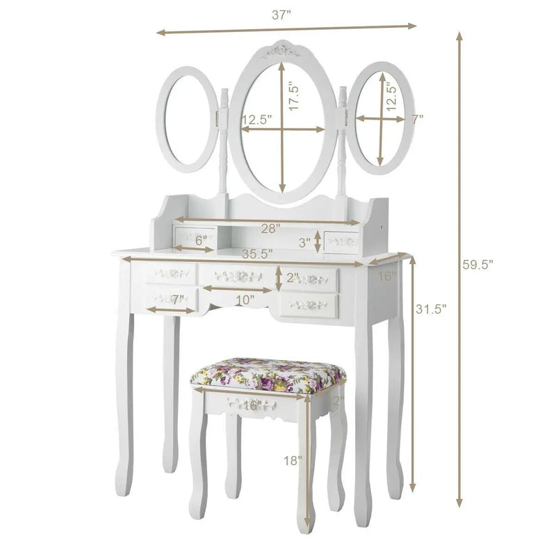 7 Drawer Tri-Folding Mirror Dressing Vanity Makeup Set by DirectDeals