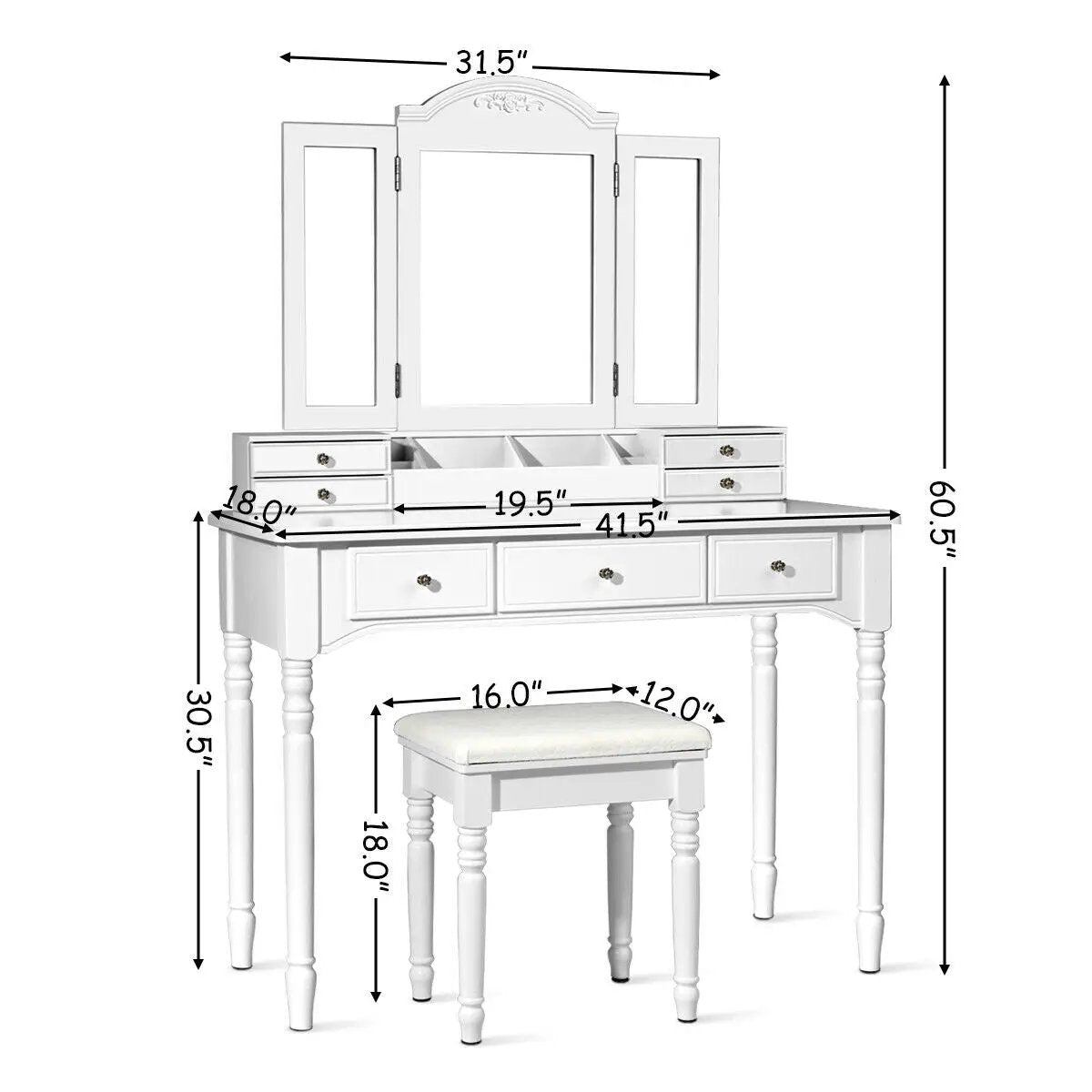 Makeup Dressing Table with Tri-Folding Mirror and Cushioned Stool for Women by DirectDeals
