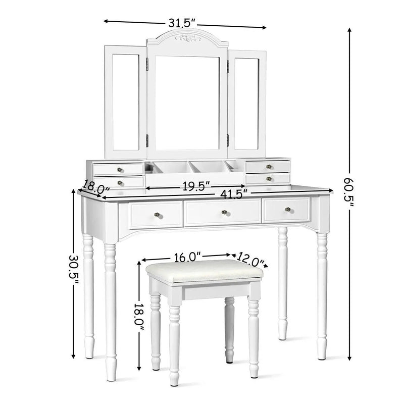 Makeup Dressing Table with Tri-Folding Mirror and Cushioned Stool for Women by DirectDeals
