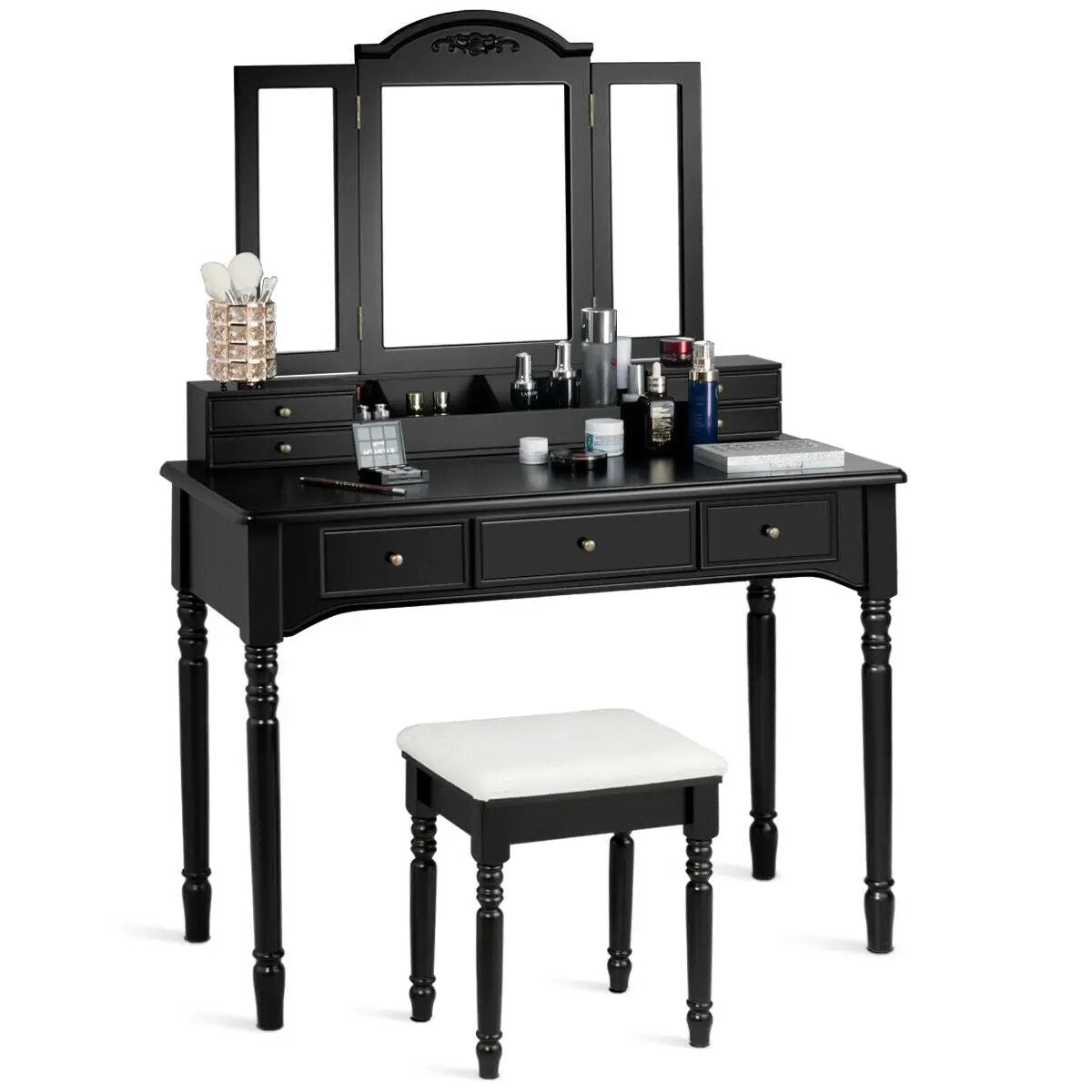 Makeup Dressing Table with Tri-Folding Mirror and Cushioned Stool for Women by DirectDeals