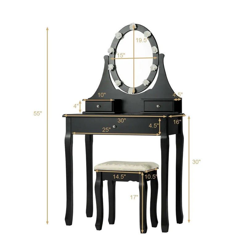 3 Drawers Lighted Mirror Vanity Dressing Table Stool Set by DirectDeals