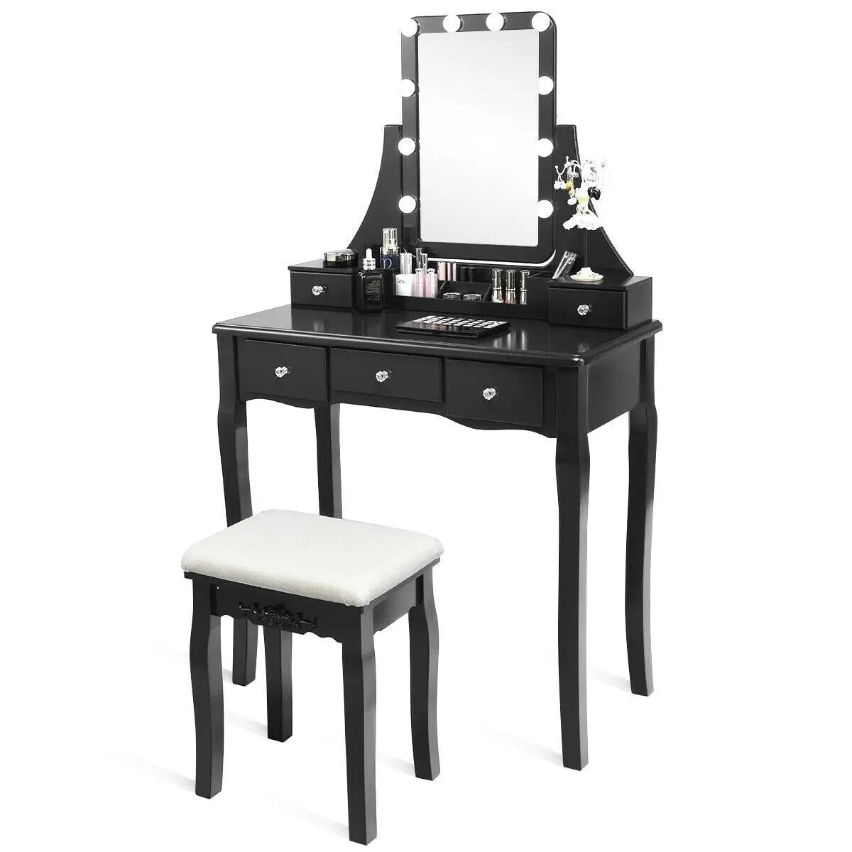 10 Dimmable Light Bulbs Vanity Dressing Table with 2 Dividers and Cushioned Stool by DirectDeals