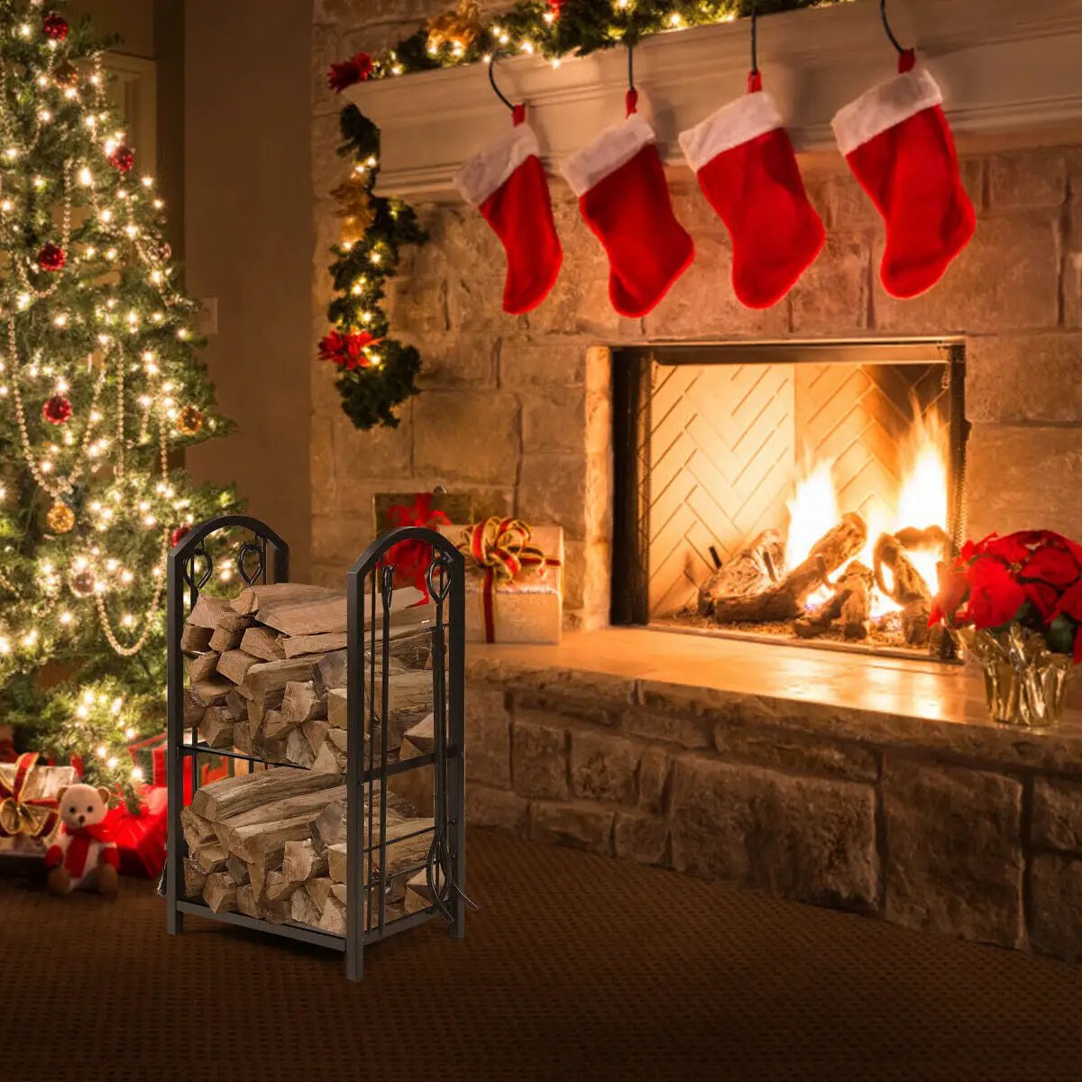 Fireplace Log Rack with 4 Tools Set Fireside Firewood Holder by DirectDeals