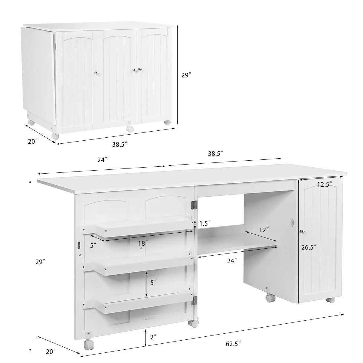 Folding Sewing Table Shelves Storage Cabinet Craft Cart with Wheels by DirectDeals