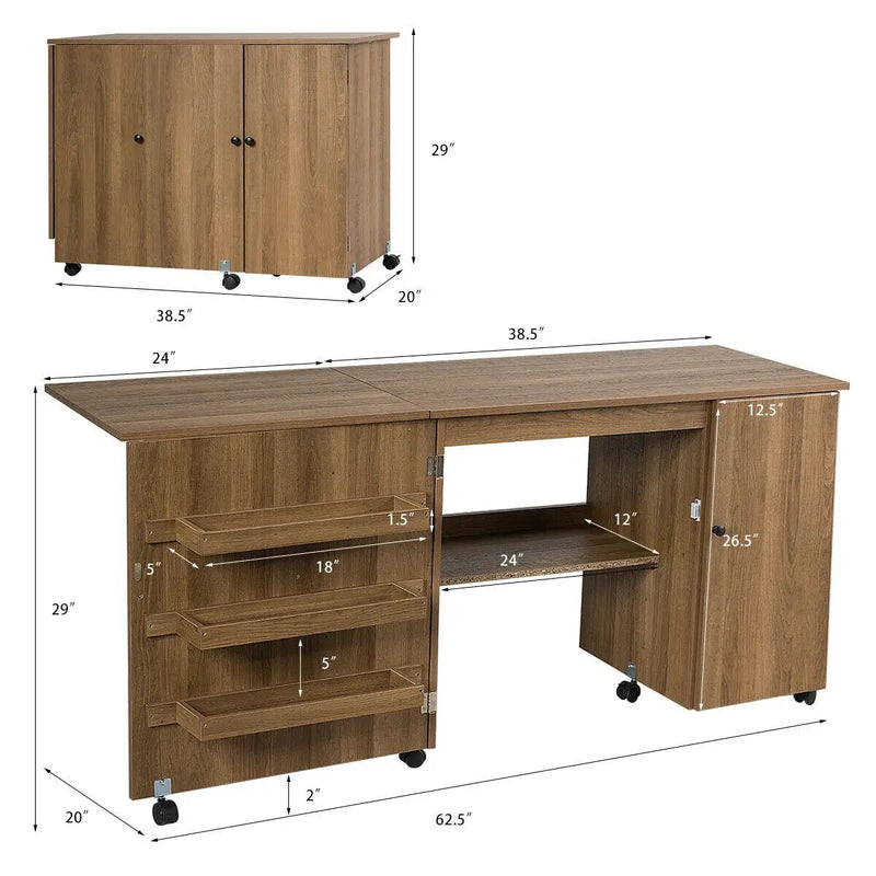 Folding Sewing Table Shelves Storage Cabinet Craft Cart with Wheels by DirectDeals