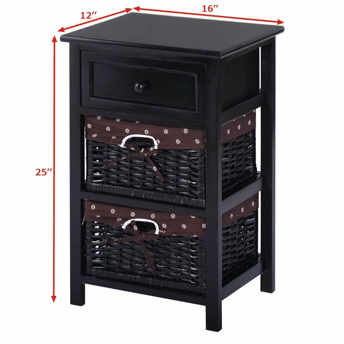 3 Tiers Wooden Storage Nightstand with 2 Baskets and 1 Drawer by DirectDeals