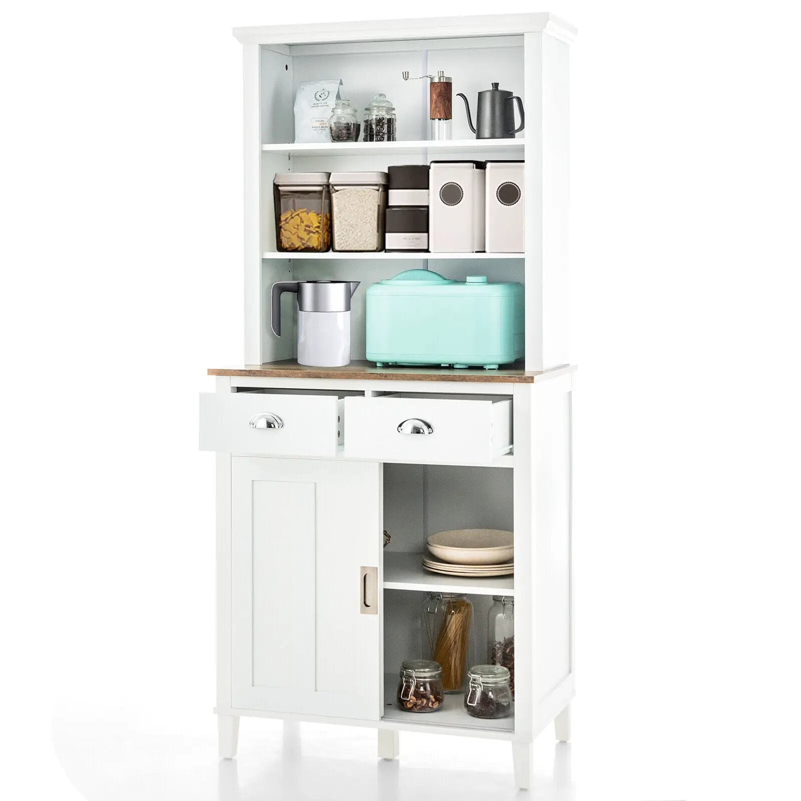 Freestanding Kitchen Pantry with Hutch Sliding Door and Drawer-White by DirectDeals