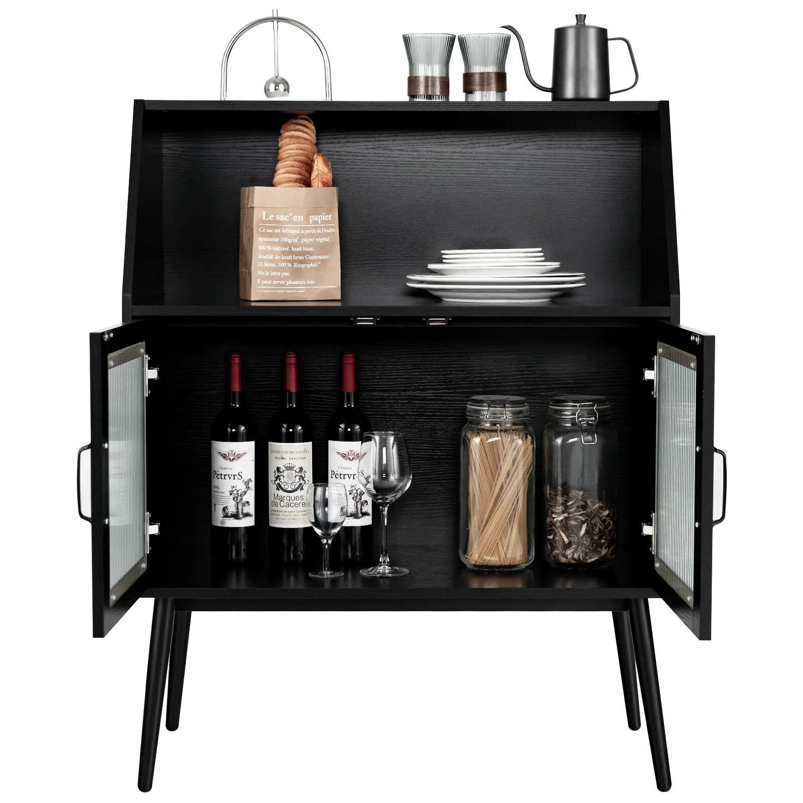 Kitchen Sideboard Buffet with Open Cubby and 2 Glass Doors-Black by DirectDeals
