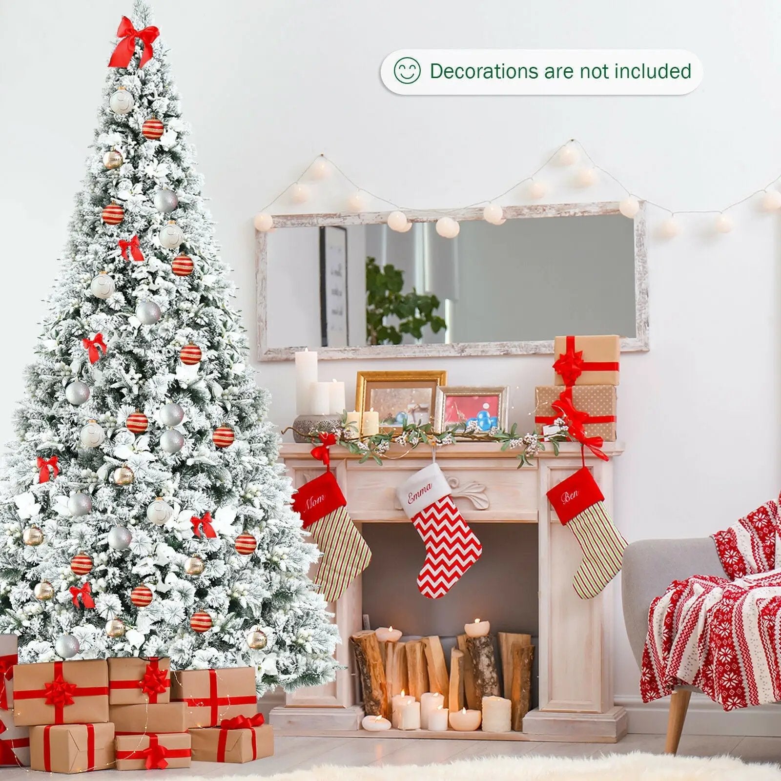 8 Feet Snow Flocked Hinged Christmas Tree with Berries and Poinsettia Flowers by DirectDeals