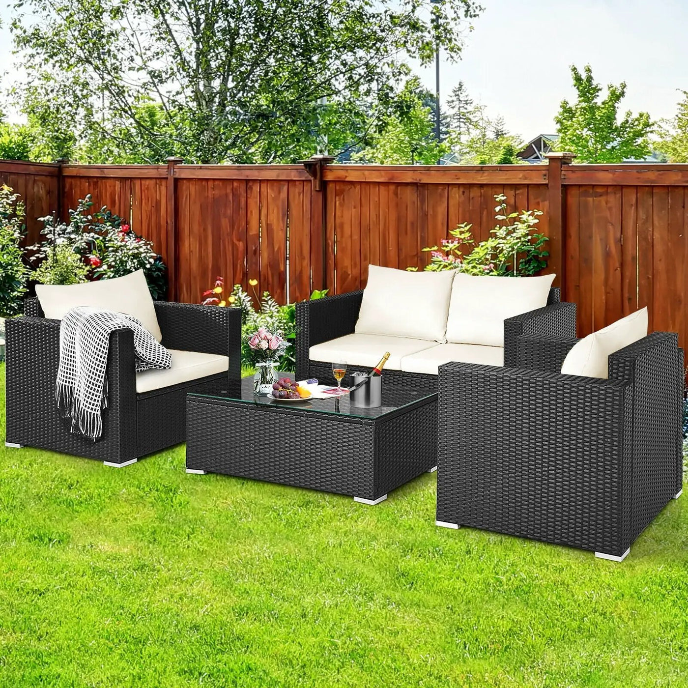 4 Pieces Patio Rattan Conversation Set with Cushions and Coffee Table-Black by DirectDeals