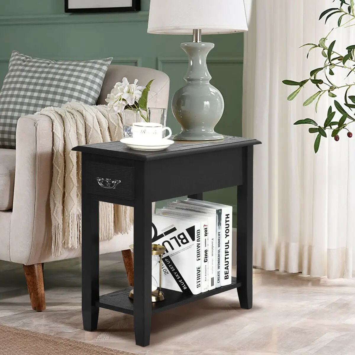 2 Pieces 2 Tier Sofa Side End Table with Drawer and Open Shelf by DirectDeals