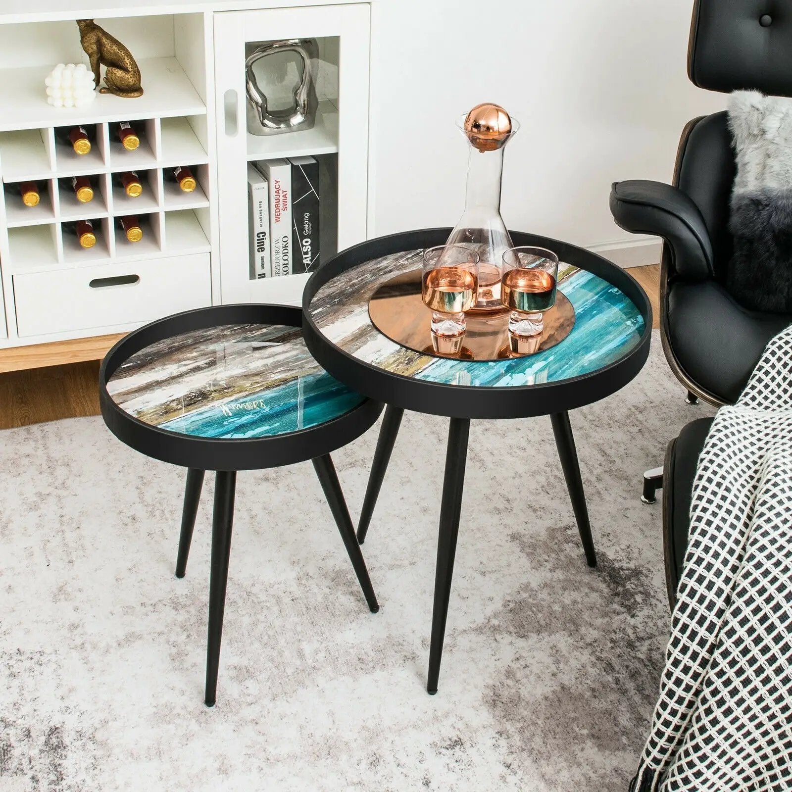 Set of 2 Stylish Nesting End Tables with Wooden Tray Top and Steel Legs-Black by DirectDeals