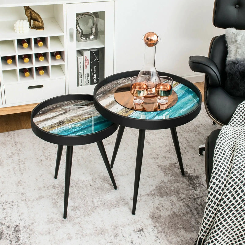 Set of 2 Stylish Nesting End Tables with Wooden Tray Top and Steel Legs-Black by DirectDeals